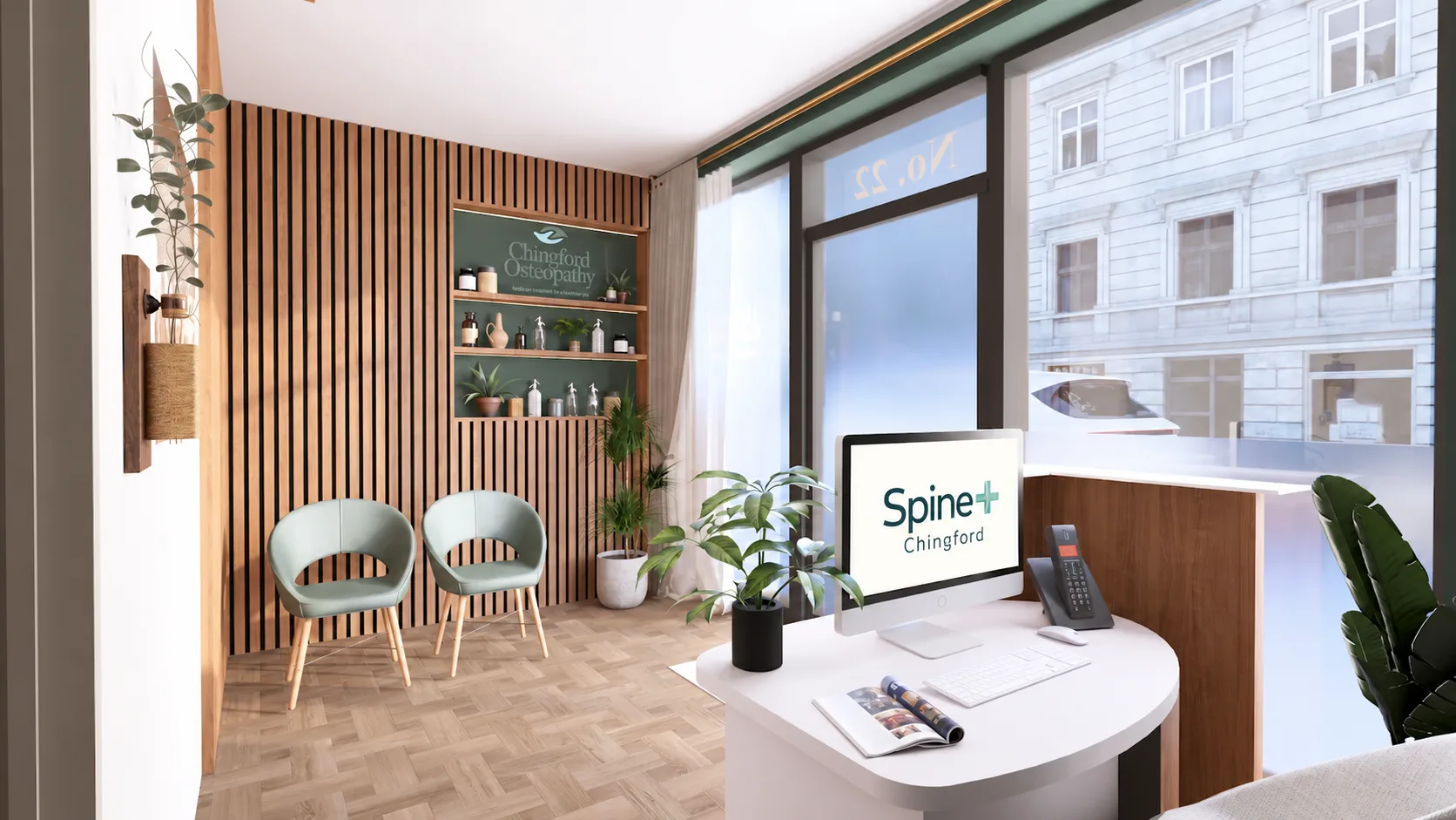 Reception area design for Spine Plus Chingford